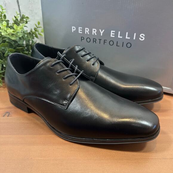 Perry Ellis Portfolio Black Leather Oxfords Shoes Size 12 - Picture 2 of 8
